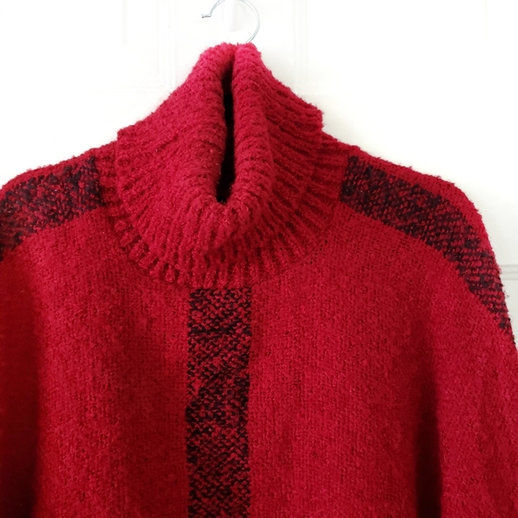 Red Plaid Turtleneck Poncho Sweater - Picture 3 of 4